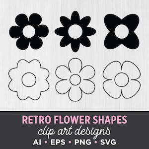 Set di clip art di fiori retrò, PNG, SVG, VETTORE, silhouette di fiori, contorno di fiori, forma di fiori, fiori gonfi, fiori funky, fiori vintage