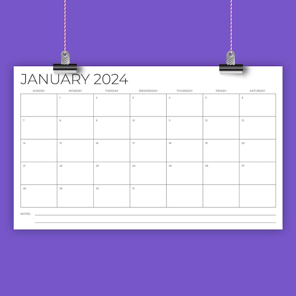 2024 8.5 x 14 Inch Calendar Template | INSTANT DOWNLOAD | Legal Size Modern Thin Sans Serif Type Monthly Printable Blank | Print Ready