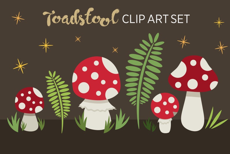 Puede incluir: Ilustraci&oacute;n digital de un conjunto de setas de dibujos animados con sombreros rojos y lunares blancos, sobre un fondo marr&oacute;n oscuro. Tambi&eacute;n se incluyen helechos y hierba verdes, con el texto "Toadstool CLIP ART SET".