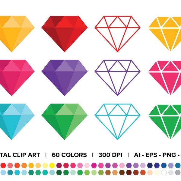 Diamond Clip Art Set, PNG, SVG, VECTOR, Crystal Clipart, Gemstone Clipart, Diamond Silhouette, Diamond Outline, Traditional Crystal Shape