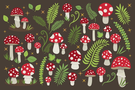 Toadstool Mushroom Clip Art, PNG, SVG, VECTOR, Amanita Muscaria, Red Cap, Fungi, Woodland, Fairy, Forest, Fern, Foliage, Leaf, Red Mushroom
