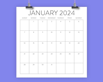 2024 Square Calendar Template | INSTANT DOWNLOAD | Modern Simple Sans Serif Large Monthly Printable Desk Office Wall | 12x12 Inches