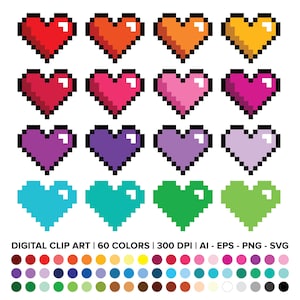 Ensemble de clipart coeur pixel, PNG, SVG, VECTOR, Gaming rétro, jeu vidéo 8 bits, forme de coeur des années 80 et 90, Saint-Valentin, Clipart amour