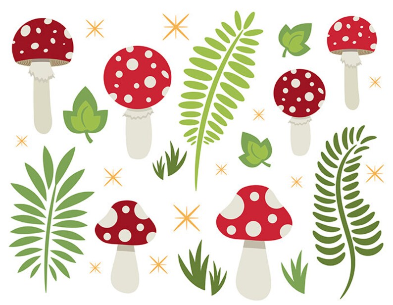 Imágenes prediseñadas de setas, PNG, SVG, VECTOR, Amanita Muscaria, Sombrero rojo, Hongos, Bosque, Hada, Selva, Helecho, Follaje, Hoja, Seta roja imagen 12