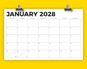 2028 11 x 17 Inch Calendar Template | INSTANT DOWNLOAD | Bold Sans Serif Type Monthly Printable Minimal Desk or Wall Calender Print Ready