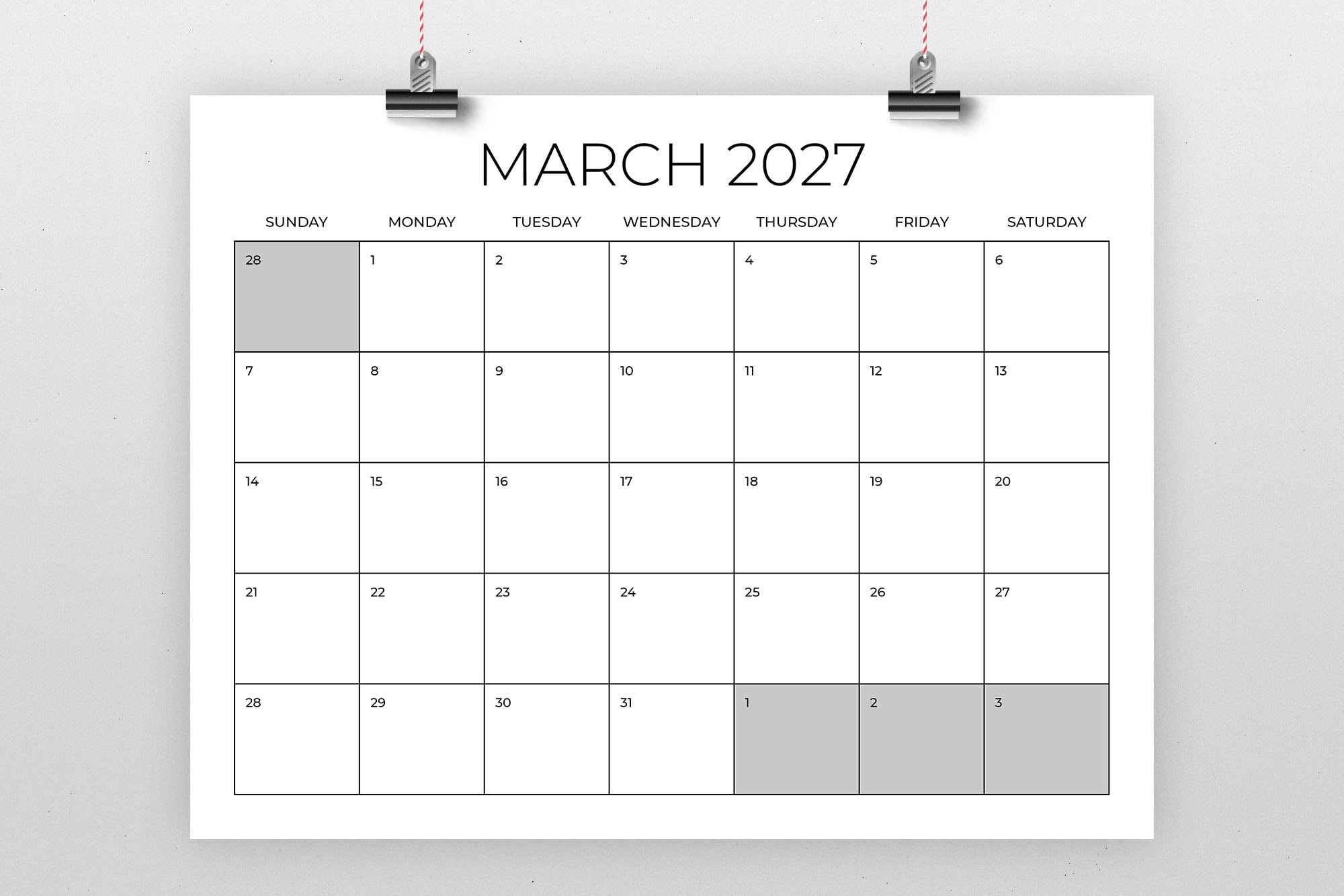 2027 8.5 X 11 Inch Calendar Template | INSTANT DOWNLOAD | Modern Thin ...