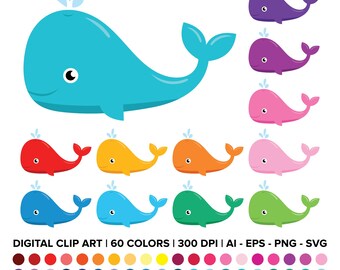 Baby Whale Clip Art Set, PNG, SVG, VECTOR, Ocean Clipart, Nautical Clipart, Whale Svg, Whale Clipart, Ocean Animal, Nursery Clipart