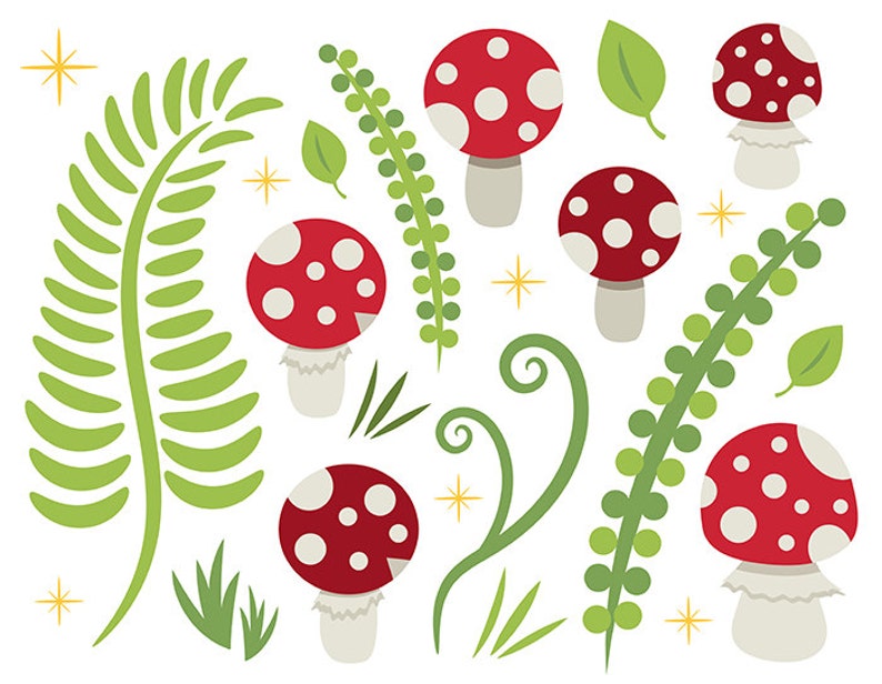 Imágenes prediseñadas de setas, PNG, SVG, VECTOR, Amanita Muscaria, Sombrero rojo, Hongos, Bosque, Hada, Selva, Helecho, Follaje, Hoja, Seta roja imagen 10