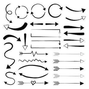 Hand Drawn Arrows Clip Art Set, PNG, SVG, VECTOR, Black Arrows, White Arrows, Pointer, Direction Symbol, Curved Arrow, Circle Arrow