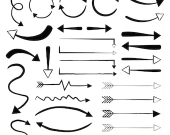 Hand Drawn Arrows Clip Art Set, PNG, SVG, VECTOR, Black Arrows, White Arrows, Pointer, Direction Symbol, Curved Arrow, Circle Arrow
