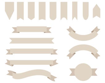 May include: A set of 14 beige ribbon banners and labels. The banners are in various shapes and sizes, including straight, curved, and circular. The labels are ideal for adding a touch of elegance to any project.