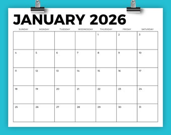 2026 8.5 x 11 Inch Calendar Template | INSTANT DOWNLOAD | Modern Bold Sans Serif Type Monthly Printable Desk Wall Calender | Print Ready