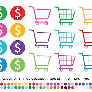 Winkelwagentjes en dollartekens Clip Art Set, PNG, SVG, VECTOR, geldsymbool, geldpictogrammen, winkelwagenpictogram, Retail-pictogram, Shopping Clipart