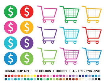 Shopping Carts & Dollar Signs Clip Art Set, PNG, SVG, VECTOR, Money Symbol, Money Icons, Shopping Cart Icon, Retail Icon, Shopping Clipart