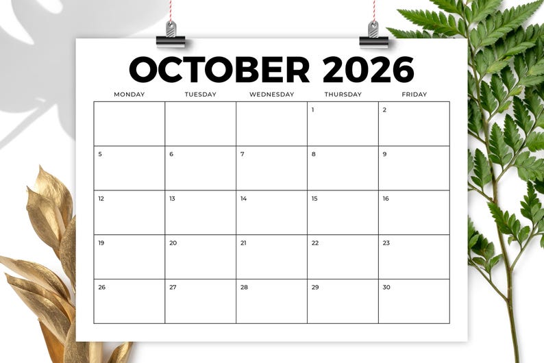 SALE 2026 8.5 X 11 Inch Bold Monday to Friday Calendar Template ...