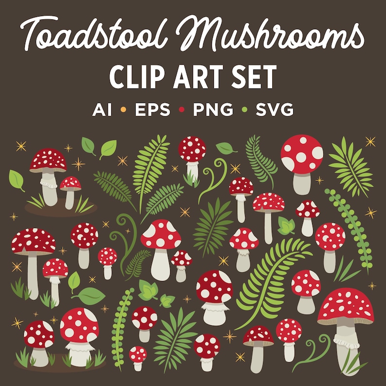 Puede incluir: Colecci&oacute;n de ilustraciones de setas rojas y blancas, hojas de helecho verdes y otras hojas sobre un fondo marr&oacute;n. El texto "Toadstool Mushrooms CLIP ART SET" est&aacute; en la parte superior, con indicadores de tipo de archivo debajo.