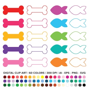 May include: A collection of colorful digital clip art elements, including dog bones and fish shapes in various colors. The image also includes a color palette with 60 different colors and the text "DIGITAL CLIP ART | 60 COLORS | 300 DPI | AI - EPS - PNG - SVG".