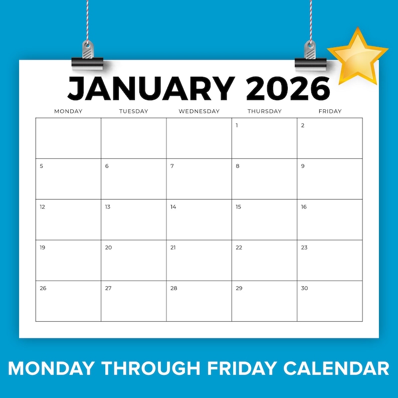 SALE 2026 8.5 X 11 Inch Bold Monday to Friday Calendar Template ...
