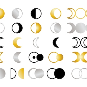 Conjunto de clipart de ícones do ciclo lunar, PNG, SVG, VETOR, preto, branco, prata, ouro, astrologia, signos da lua, símbolos da lua, eclipse, fases da lua
