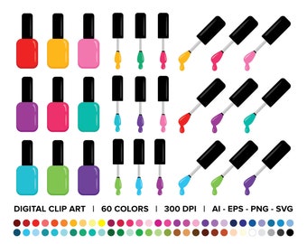 Nail Polish Bottle & Brush Clip Art Set, PNG, SVG, VECTOR, Cosmetics Clipart, Makeup Clipart, Cosmetology Clipart, Manicure Clipart