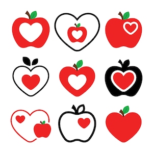 Conjunto de clipart de maçãs e corações, PNG, SVG, VETOR, Apple svg, gráfico da Apple, agradecimento ao professor, volta às aulas, maçã vermelha, clipart da Apple
