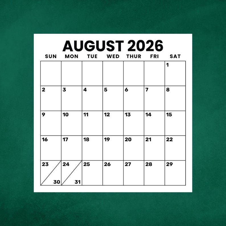 SALE 2026 Square 12 X 12 Inch Large Number Calendar Template | INSTANT ...