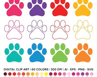 May include: Set of 60 colorful paw print clip art images in various colors, including pink, purple, red, yellow, turquoise, blue, green, and orange. The paw prints are outlined in black and have four toes. The image also includes a color palette of 60 different colors.