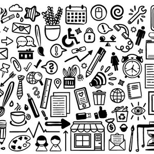 Office Doodle Clip Art Set, PNG, SVG, VECTOR, Fun, Drawings, Hand Drawn, Sketch, Lightbulb, Pencil, Recycling, Wrench, Email, Small Business