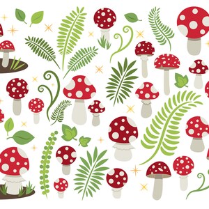 Puede incluir: Ilustraci&oacute;n caprichosa con setas rojas con lunares blancos, helechos verdes, hojas y destellos de estrellas. Las setas var&iacute;an en tama&ntilde;o y forma, creando un dise&ntilde;o l&uacute;dico inspirado en la naturaleza. Ideal para manualidades y dise&ntilde;os con tem&aacute;tica de bosque.