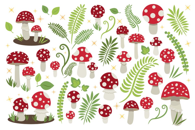 Puede incluir: Ilustraci&oacute;n caprichosa con setas rojas con lunares blancos, helechos verdes, hojas y destellos de estrellas. Las setas var&iacute;an en tama&ntilde;o y forma, creando un dise&ntilde;o l&uacute;dico inspirado en la naturaleza. Ideal para manualidades y dise&ntilde;os con tem&aacute;tica de bosque.