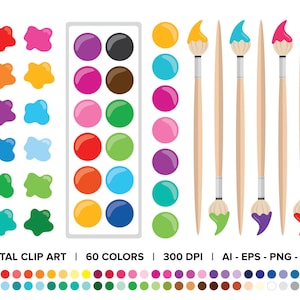 Pincel y paleta Clip Art Set, PNG, SVG, VECTOR, Regreso a la escuela, Muestra de pintura, Mancha de pintura, Paleta de pintura, Imágenes Prediseñadas de pintura