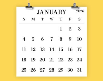 2026 Large Number Square Calendar | INSTANT DOWNLOAD | Simple Monthly Printable Minimal Desk Calender | Prints up to 12 x 12 Inches