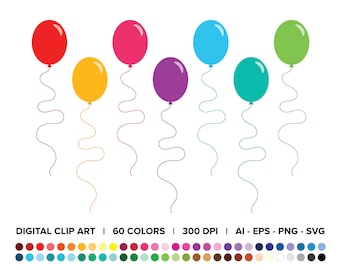 Party Balloons Clip Art Set, PNG, SVG, VECTOR, Multicolor Balloons Clipart, Blank Balloon, Party Balloon, Balloon Svg, Party Decorations