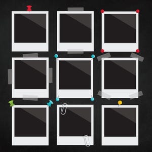 May include: Nine white polaroid-style frames with black centers are arranged on a dark background. Some frames are secured with gray tape, while others are held in place with red, blue, green, and yellow push pins, and a paper clip.