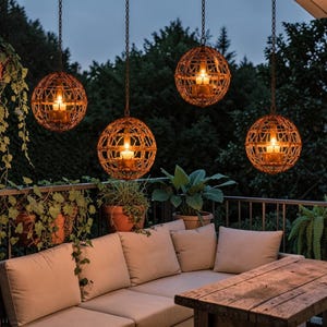 May include: Four spherical pendant lights with brown woven frames hang from chains. Each light contains a glowing candle-like bulb inside the cage structure. The fixtures are suspended above a beige sectional sofa and a wooden table.