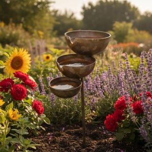 May include: A tiered garden water feature consisting of three stacked, dark brown, bowl-shaped basins supported by a single vertical metal pole. Each basin features a small spout for water to flow downward, creating a cascading effect in a garden.
