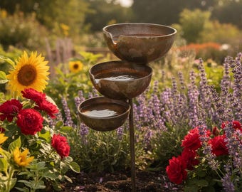 Bronzen metalen vogelbad voor in de tuin – Hoge, drielaagse ijzeren bijenwaterbak en regenopvanger.