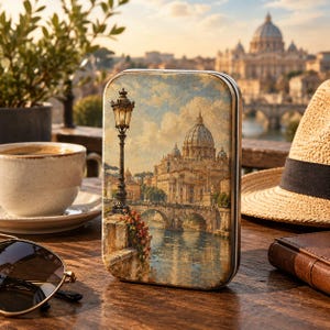 May include: A rectangular metal tin featuring a detailed illustration of St. Peter's Basilica in Rome, complete with a tall ornate street lamp, a stone bridge over the Tiber River, and vibrant flowers, all rendered in a warm, painterly style.