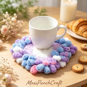 Oval Heart Pom Pom Coaster Punch Needle Kit, Pastel Fluffy Table Mat Craft Set