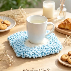 Baby Blue Loop Yarn Coaster Punch Needle Kit, Plush Nordic Table Mat Craft Set