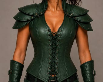 Corsé de armadura de cuero auténtico – Disfraz de guerrero medieval, corpiño gótico (verde)