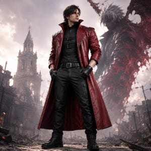 Op de afbeelding: Een persoon draagt een lange rode leren trenchcoat over een zwart tactisch shirt met gespen, een zwarte broek met riem en zwarte handschoenen. De persoon staat in een verwoeste stad met een grote, schimmige, gevleugelde figuur op de achtergrond.