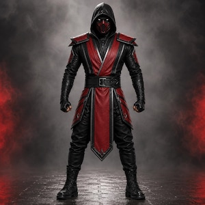 Könnte beinhalten: Ein Ganzkörperkostüm bestehend aus einer schwarz-roten Tunika mit Kapuze, strukturierten Schulterpanzern, einem Gürtel und einem langen Vorderteil. Das Outfit umfasst eine schwarze Hose, passende Handschuhe und schwarze Stiefel sowie eine Maske.