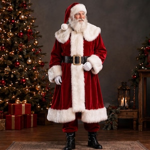 Può includere: Un costume da Babbo Natale composto da un lungo cappotto in velluto rosso intenso e pantaloni abbinati, rifiniti con spessa pelliccia sintetica bianca. Il completo include un cappello in velluto rosso con pon pon bianco, un'ampia cintura in pelle nera con una grande fibbia dorata decorata e guanti bianchi.
