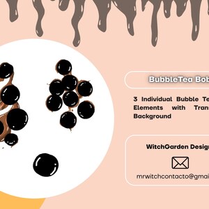 May include: A digital graphic featuring black boba pearls with brown syrup drips, arranged in three distinct clusters on a white circular background. The text reads BubbleTea Bobas! 3 Individual Bubble Tea PNG Elements with Transparent Background, WitchGarden Design, and an email address.