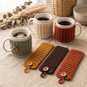 May include: Three white ceramic mugs with ribbed crochet cozies in sage green, cream, and burnt orange, each featuring a wooden button. Beside them lie three rectangular, ribbed crochet mug wraps in mustard, dark brown, and orange with buttons.
