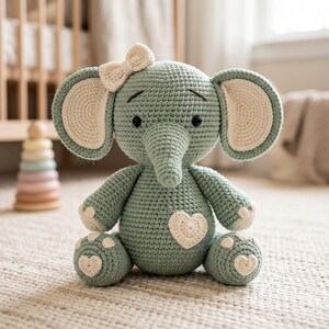 May include: A sage green crocheted elephant stuffed animal featuring large cream-colored inner ears, a small cream bow on the head, and cream-colored heart-shaped patches on the belly and feet. The elephant has black eyes and stitched eyebrows.