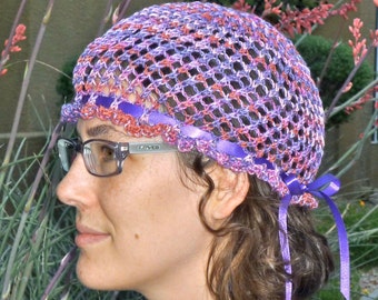 Pink and purple lace ruffle brim knit summer hat with ribbon for women