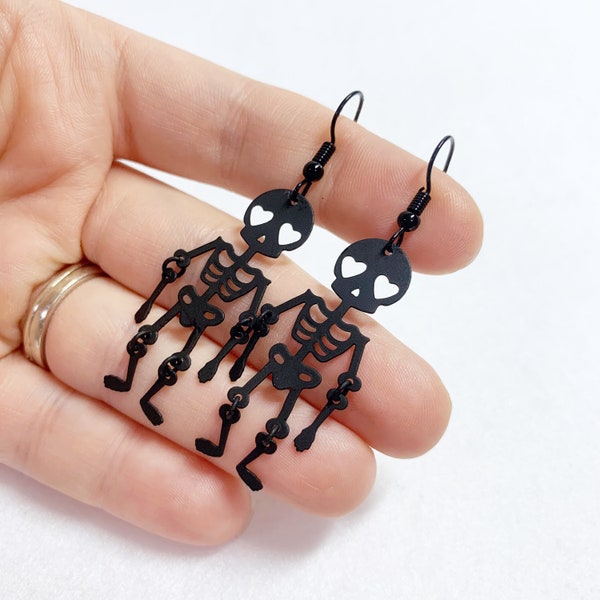 Halloween skeleton earrings, Halloween black earrings, gold sparkly spooky skeleton earrings by Jules Jewelry Box