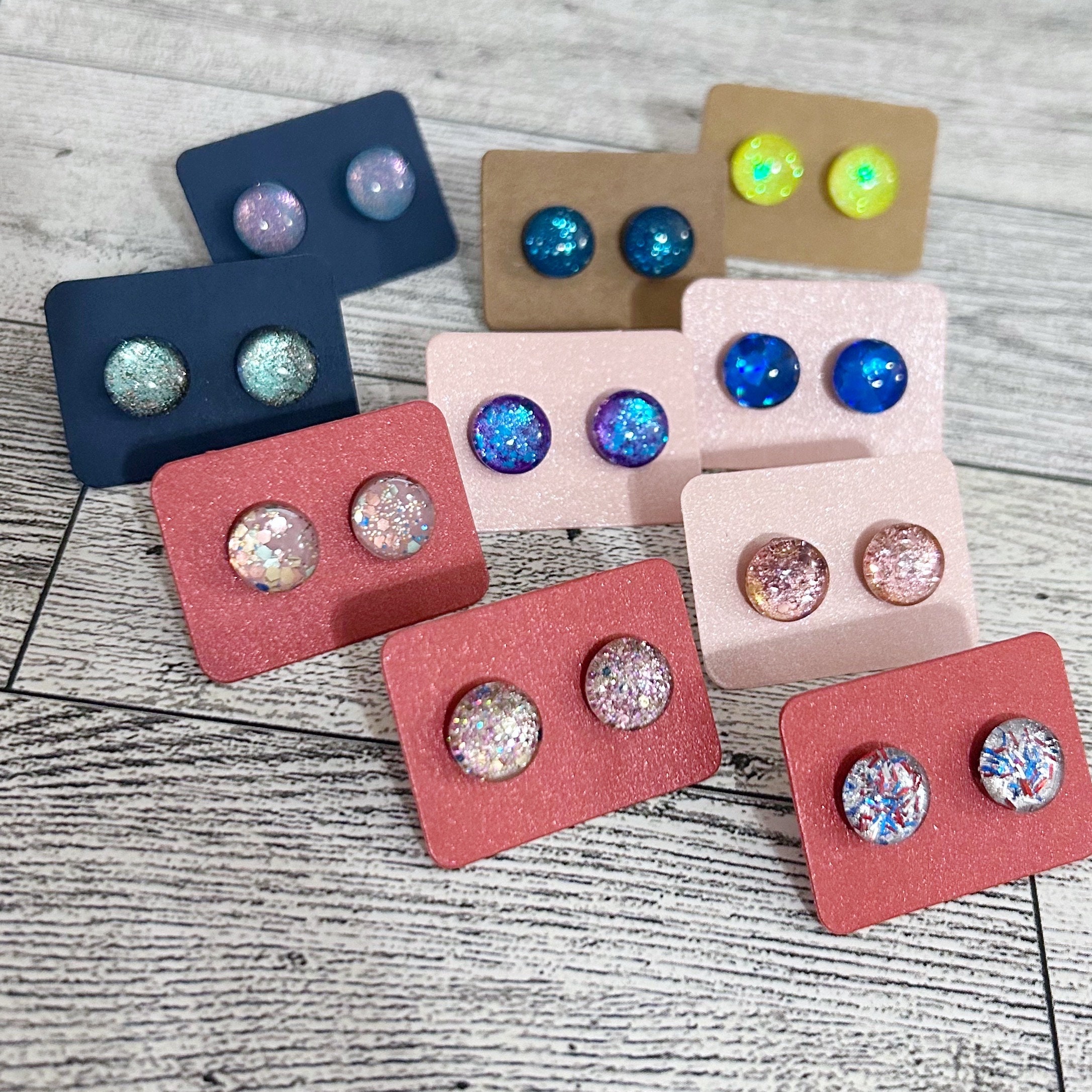 Random Selection, 3 Pairs of Plastic Post Studs, Rainbow Colors, Mixed 10mm  Round Hypoallergenic Stud Earrings, by Jules Jewelry Box 